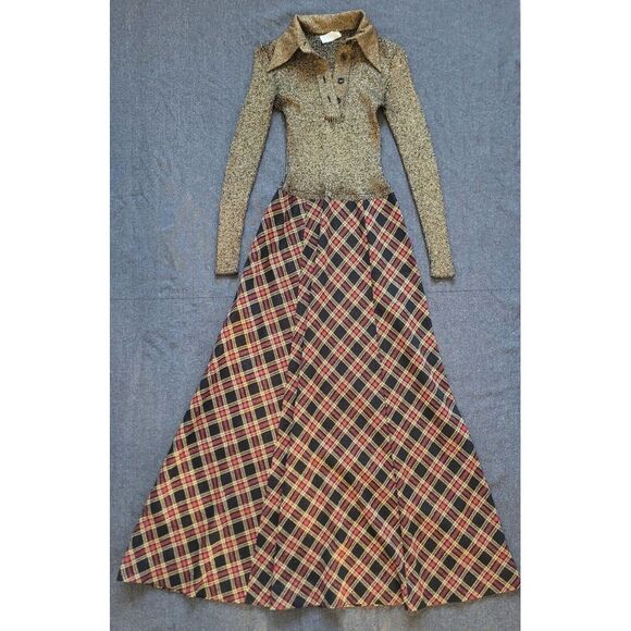 Dresses & Skirts - Vintage Crissa Linea Italiana Italy Wool Maxi Dress Tartan Gold Red Holiday S